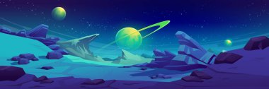 Night mars surface, alien planet landscape