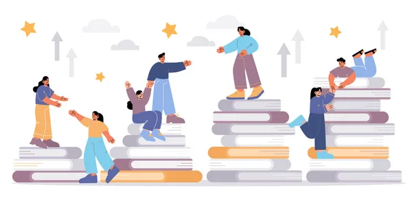 People stand on book piles help friends to climb — Wektor stockowy