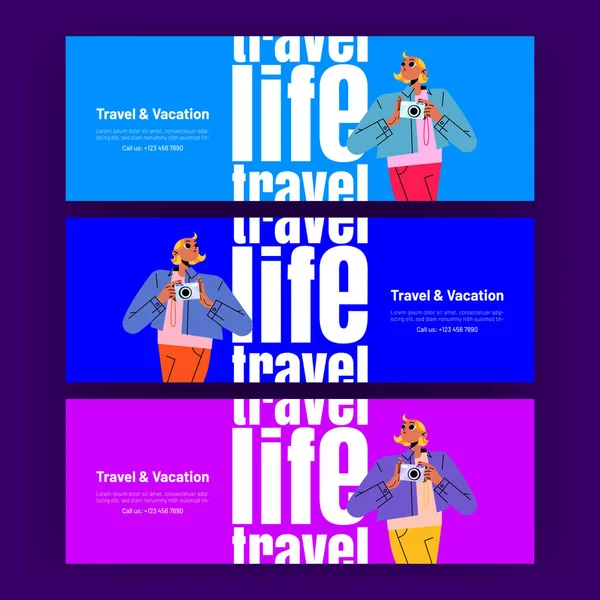 Travel and vacation posters with girl tourist — Stock vektor