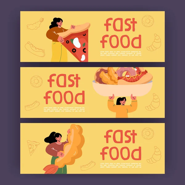 Fast food banners with girl, hot dog, pizza, donut — Stock Vector