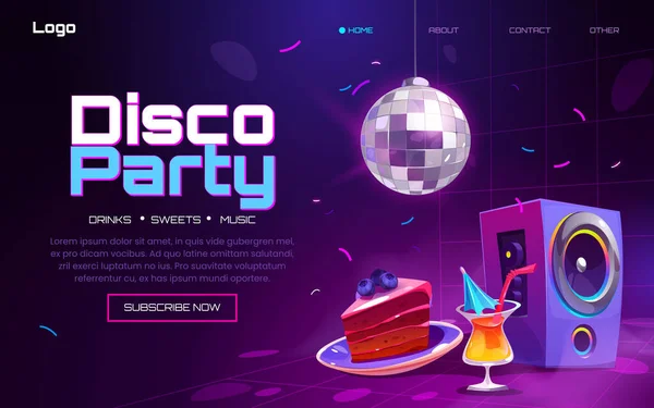 Disco party banner with light ball, cake, cocktail — Stock Vector