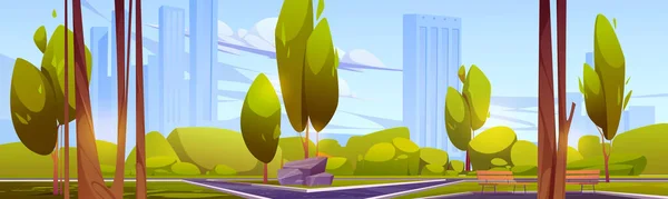 Parc municipal avec arbres, bancs et gratte-ciel — Image vectorielle
