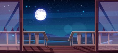 Wooden terrace and view to pond at night