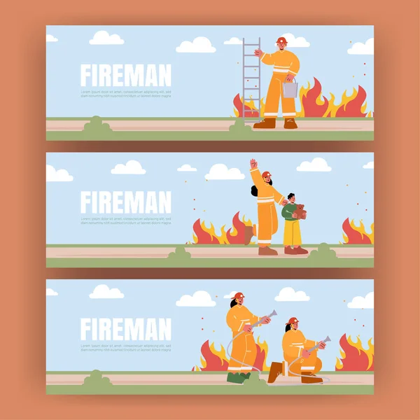Fireman poster with fire brigade with water hose — ストックベクタ