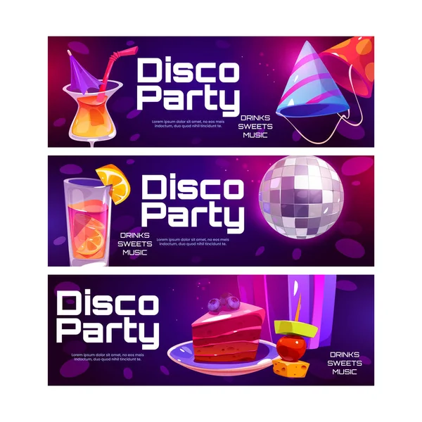 Disco party posters with cocktails, cake — Vetor de Stock