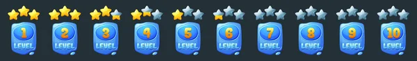 Game level blue badges with gold rating stars — стоковый вектор