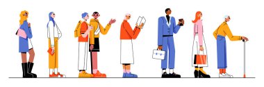 Different people stand in queue