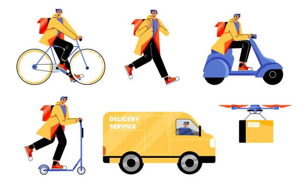 Delivery service worker on motorcycle, bike, truck — Wektor stockowy