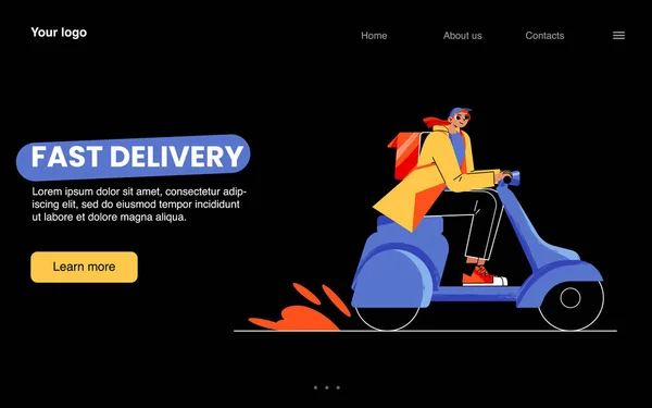 Fast delivery banner with courier on motorcycle — Vettoriale Stock