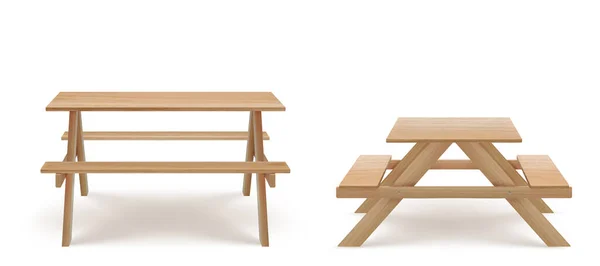 Wooden picnic table with long benches 3d vector — Vetor de Stock