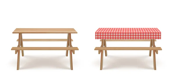 Trä picknickbord med bänkar bordsduk vektor — Stock vektor