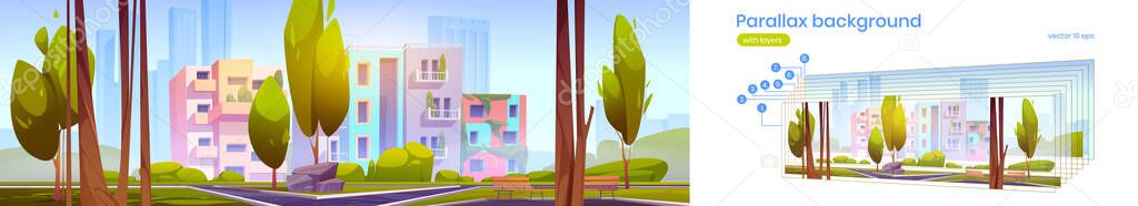 Parallax background with eco houses and city park