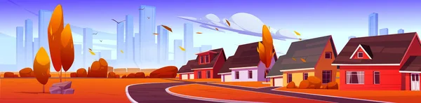 Barrio de los suburbios con casas, camino en otoño — Vector de stock