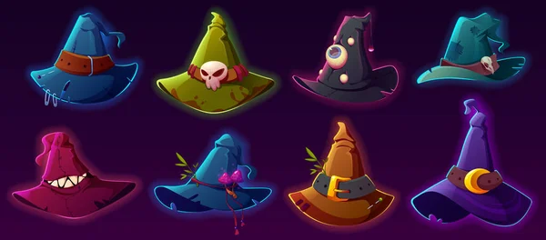 Chapéus assustadores de bruxa e feiticeiro para traje de Halloween —  Vetores de Stock