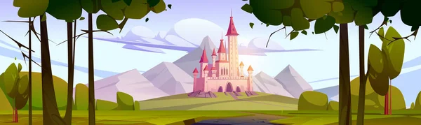 Розовый сказка замок в горной долине — стоковый вектор