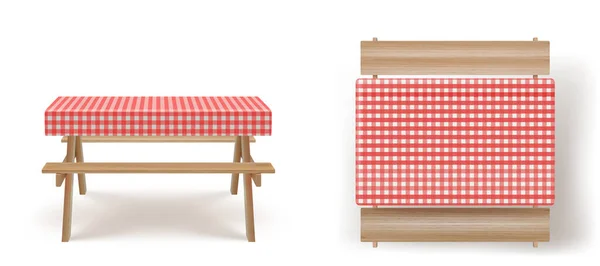 Trä picknickbord med bänkar bordsduk vektor — Stock vektor