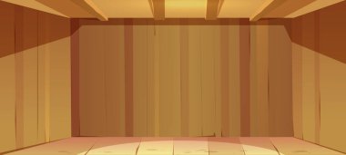 Ahşap duvarları, tavanı ve zemini olan boş bir oda.