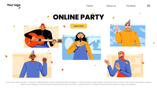 Online party, video hívás boldog emberekkel — Stock Vector
