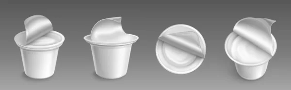Plastic cup with open cap and yogurt inside set — Stock Vector