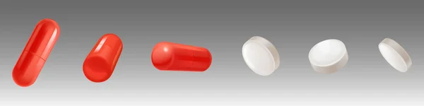 Медичні препарати, білі таблетки та червоні капсули — стоковий вектор