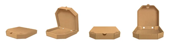 Pizzakartons aus braunem Karton 3D realistischer Vektor — Stockvektor