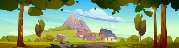 Paysage d'été avec montagne, maisons de village — Image vectorielle