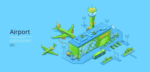 Cartaz com terminal isométrico do aeroporto e aviões —  Vetores de Stock