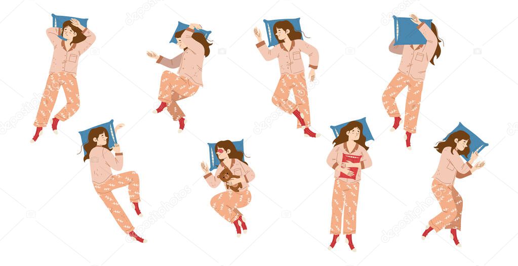Woman sleep on pillow in different poses top view