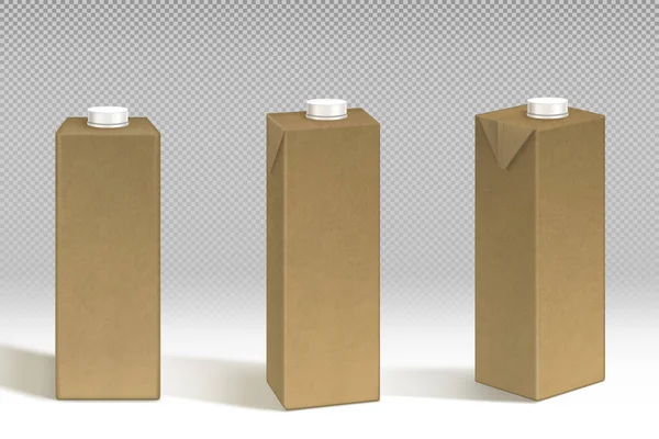 牛奶或果汁工艺纸包装造型 棕色生态纸盒 带螺丝盖前盖 角度和侧面视图的空白瓶子 用于液体生产 孤立的现实3D病媒的容器 — 图库矢量图片