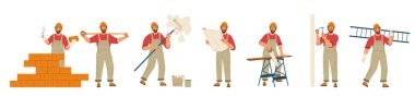 İnşaat işçisi, planı olan bir mimar ve kask takan bir tamirci kürek, boya silindiri ve düz bir aletle çalışıyor. Yapıcı karakterinin vektör düz çizimi, çekiç ve matkapla tamirci