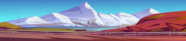 Paisaje Montaña Con Carretera Coche Orilla Del Lago Dibujos Animados — Vector de stock