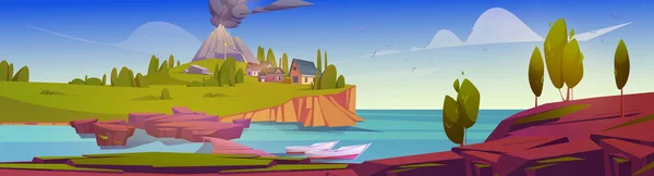 Insel Mit Häusern Und Vulkan Mit Schwarzen Rauchwolken Vektor Cartoon — Stockvektor