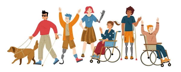 Mensen Met Verschillende Handicaps Zwaaien Met Hand Vector Platte Illustratie — Stockvector