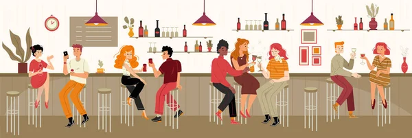 Diverse Mensen Drinken Alcohol Bar Vector Platte Illustratie Van Restaurant — Stockvector