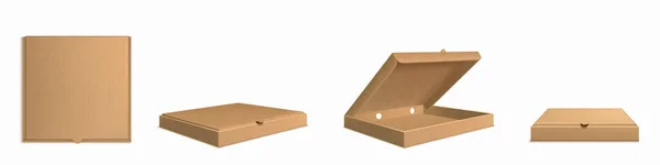 Pizzakartons Aus Braunem Karton Realistischer Vektor Offene Leere Und Geschlossene — Stockvektor