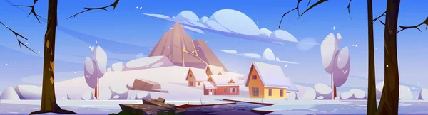 Zimní Krajina Horami Domy Bílým Sněhem Vektorové Kreslené Ilustrace Vesnice — Stockový vektor