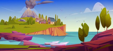 Evleri olan bir ada ve siyah duman bulutları olan bir volkan. Deniz limanı, köy ve volkanik patlamayla Akdeniz manzarasının vektör çizimi