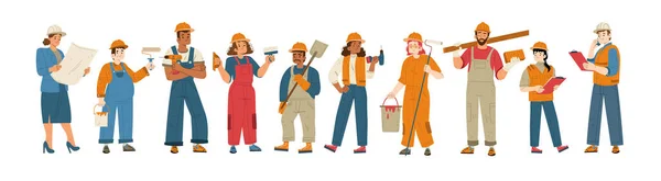 Constructores Trabajadores Construcción Cascos Ilustración Plana Vectorial Diversas Personas Que — Vector de stock