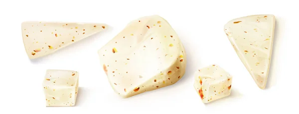 新鮮なチーズブロックと白い背景に隔離された三角形の部分 ベクトル現実的な白ソフトチーズの塊のセットスパイス トマトとピーマンの赤い部分 — ストックベクタ