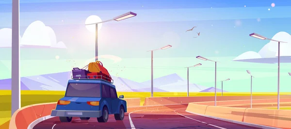 Car with luggage on roof drive on old broken road. Vector cartoon illustration of summer landscape with mountains, green fields and auto on bad highway with concrete barrier and street lights