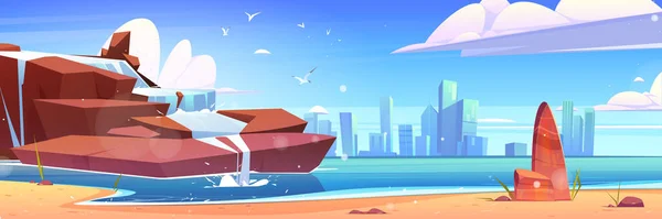 スカイライン上の海のビーチや都市の建物の滝 岩から落ちる水と夏の海のベクトル漫画のイラスト スカイライン上の島の砂の海岸や町の高層ビル — ストックベクタ