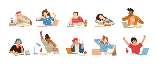 Las Personas Cansadas Bostezan Mientras Trabajan Estudian Escritorio Con Libros — Vector de stock