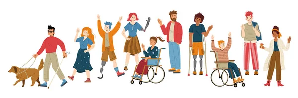 Mensen Met Verschillende Handicaps Zwaaien Met Hand Vector Platte Illustratie — Stockvector