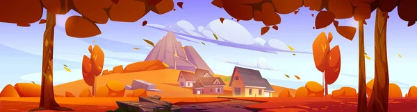 村の家や木と秋の風景 火山の麓にコテージとオレンジの谷のカントリーシーンのベクトル漫画のイラスト — ストックベクタ
