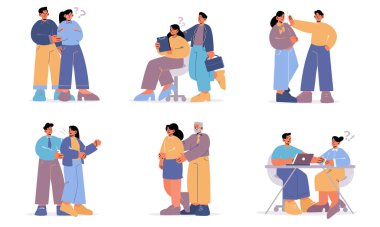 İş konseptinde cinsel taciz. Çalışanların istismarı, işyerindeki kadın ve erkeklerin kötü davranışları. İş yerinde şiddet, istenmeyen gelişmeler, ofiste uygunsuz dokunuşlar, düz vektör çizgisi çizimi