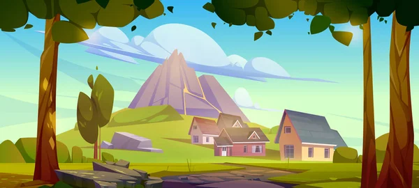 Sommerlandschaft Mit Bergen Dorfhäusern Und Bäumen Vektor Cartoon Illustration Der — Stockvektor