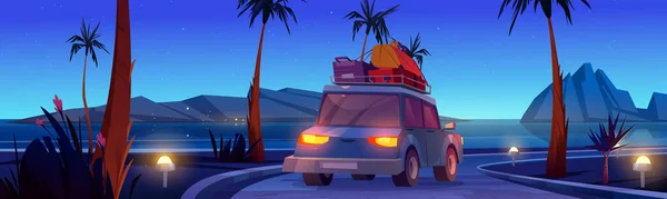 Carro Unidade Estrada Praia Mar Noite Desenho Animado Vetorial Ilustração — Vetor de Stock