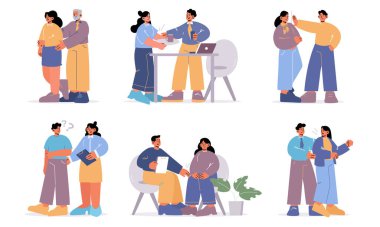 İş konseptinde cinsel taciz. Çalışanların istismarı, işyerindeki kadın ve erkeklerin kötü davranışları. İş yerinde şiddet, istenmeyen gelişmeler, ofiste uygunsuz dokunuşlar, düz vektör çizgisi çizimi