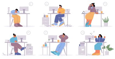 Tembel ofis çalışanları tembellik ediyor, izole edilmiş işi erteliyor. Yönetici erkek ve kadınlar bilgisayar başında oturur, uyur, rahatlar, iş hattı düz vektör çizimi yerine telefonla konuşur
