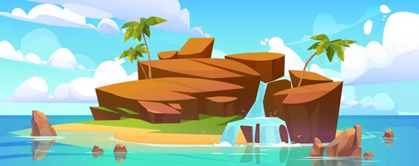 Island with waterfall in ocean, rocky isle with beach, palm trees and water jets falling from rocks into sea under blue cloudy sky. Tropical landscape, cartoon game background, Vector illustration